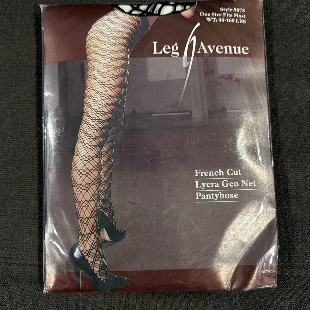Leg Avenue 9078 Black French Cut Geo Net Fishnet Pantyhose Tights One Size